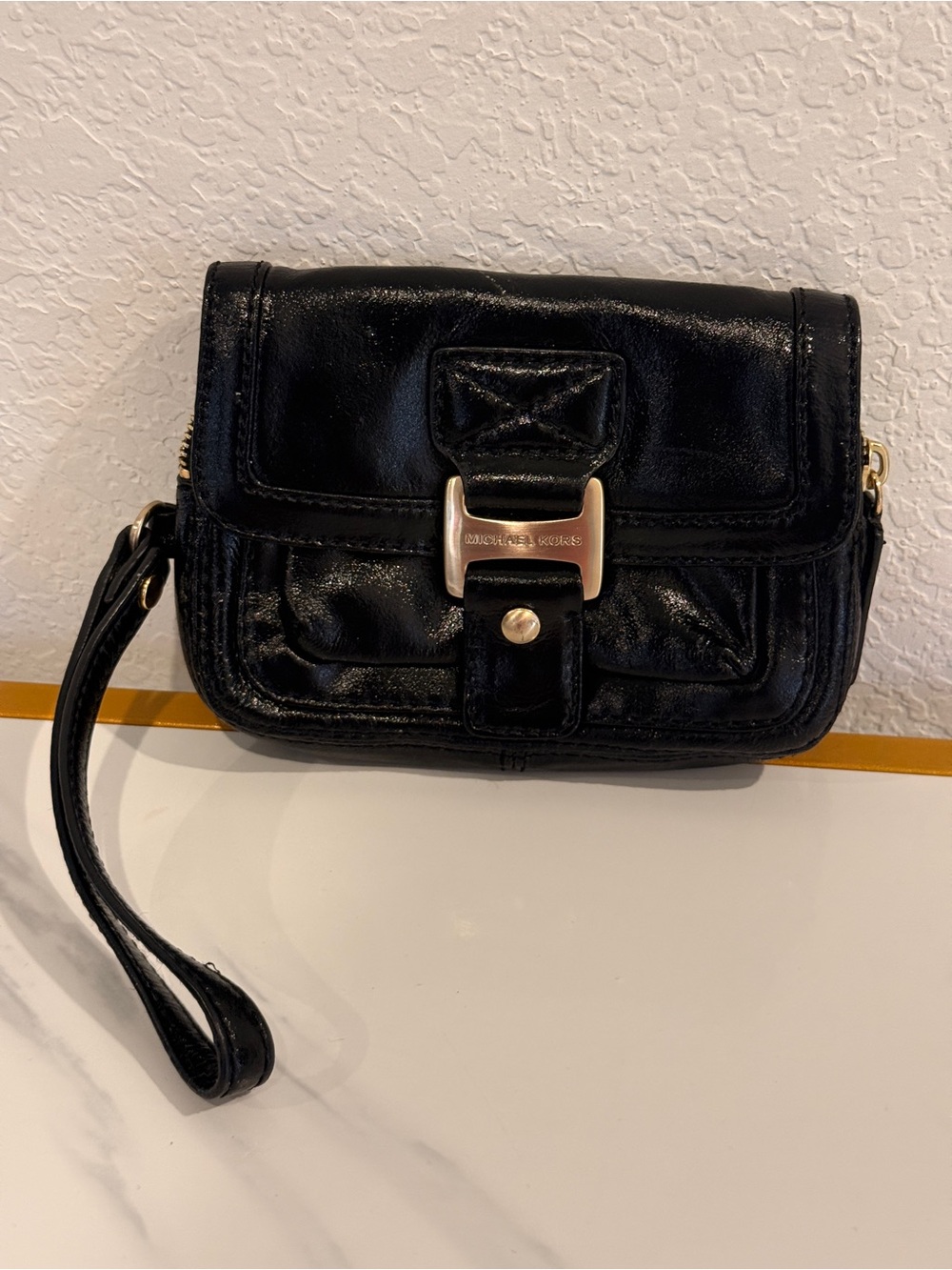 Michael Kors Black Leather Wristlet Clutch with Gold Buckle